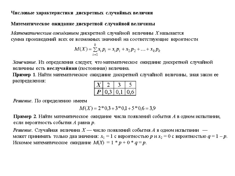 Числовые характеристики дискретных случайных величин Математическое ожидание дискретной случайной величины Математическим ожиданием дискретной случайной